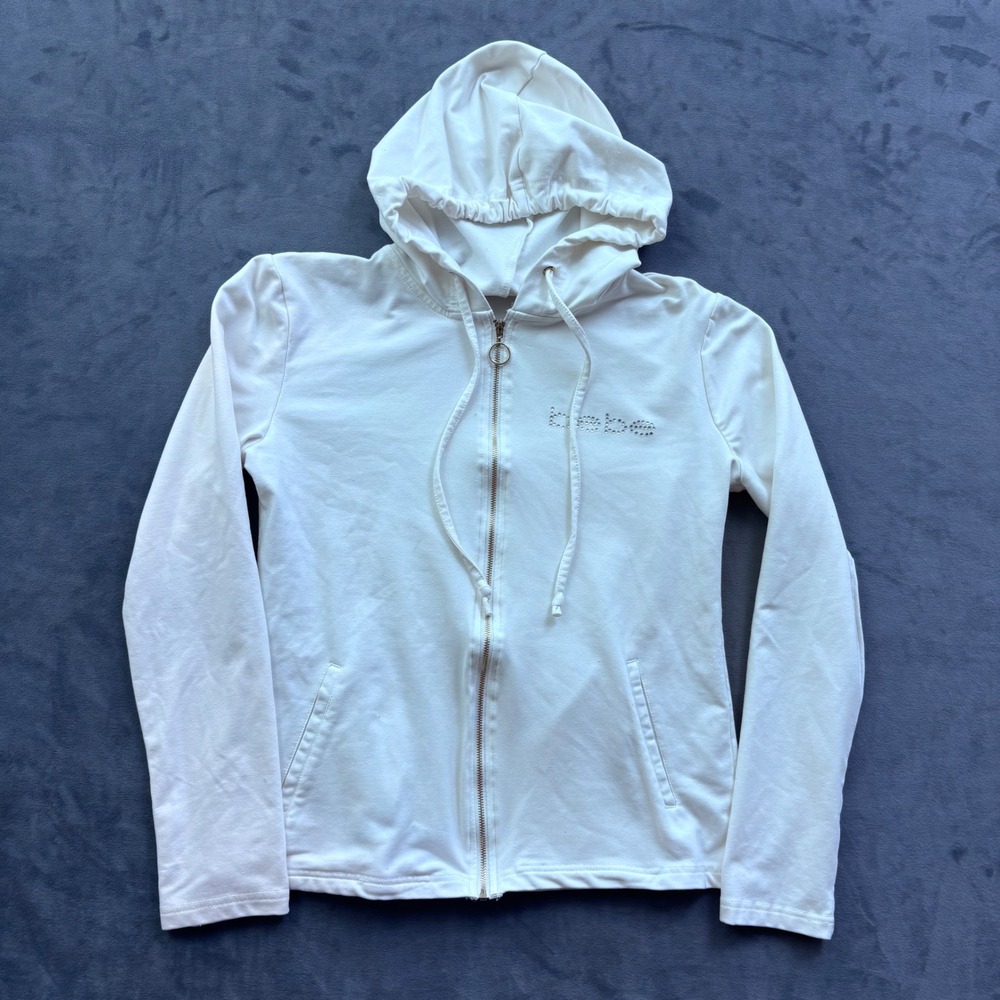 Bebe Womens White Rhinestone Logo Full Zip Hoodie Sweatshirt Y2K Size M